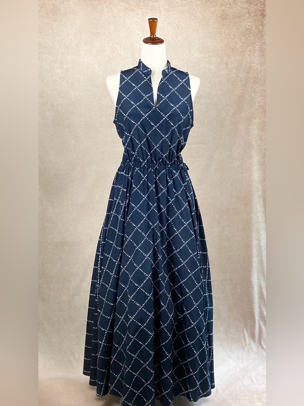 LL Bean Signature Navy Window-Pane Sleeveless Maxi Dress